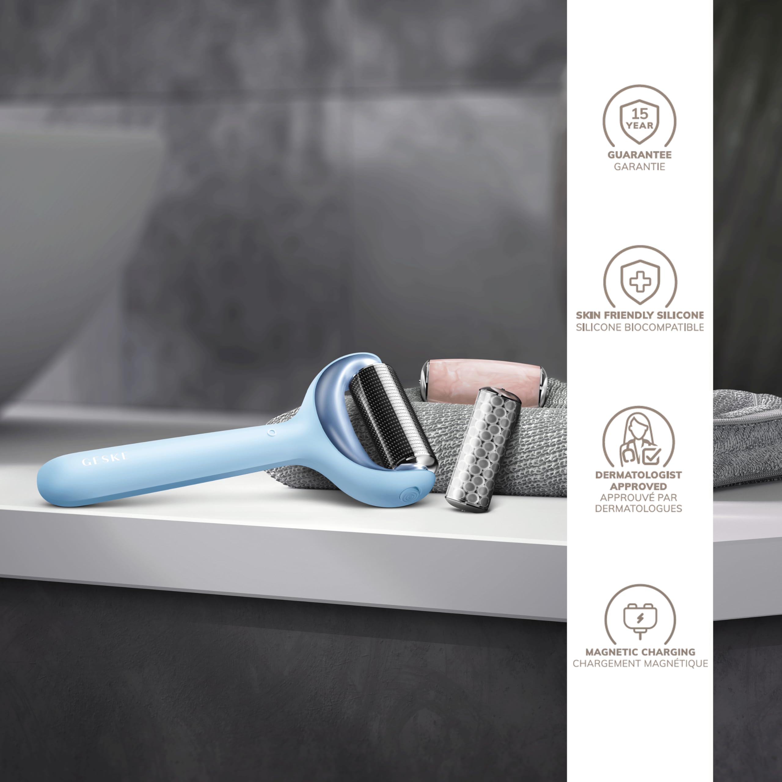 GESKE | SmartAppGuided™ MicroNeedle Face & Body Roller | 9 in 1 | Derma Roller | mit Rosenquartz- & Kühlaufsatz | Elektrisches Microneedling-Gerät | Nadelroller | Beauty Roller für Gesicht und Körper
