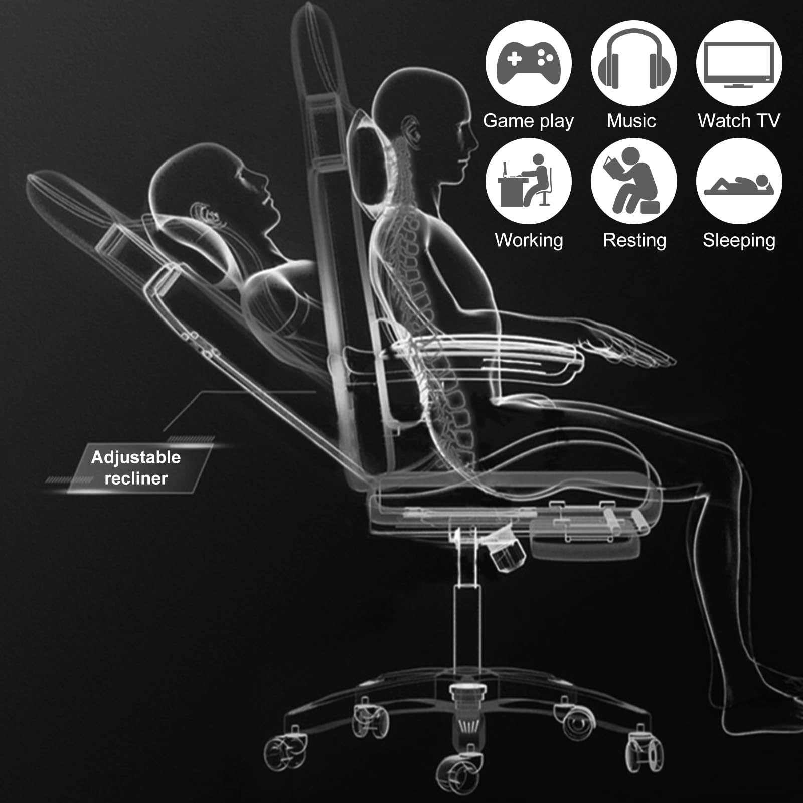 Gaming-Stuhl mit BT-Lautsprechern, LED-Gaming-Stuhl, höhenverstellbar, einziehbare Fußstütze, Kunstleder-Liegestuhl, 360° drehbar, Computerspielstühle für Freizeitraum, Internet, Café, Schwarz und Rot
