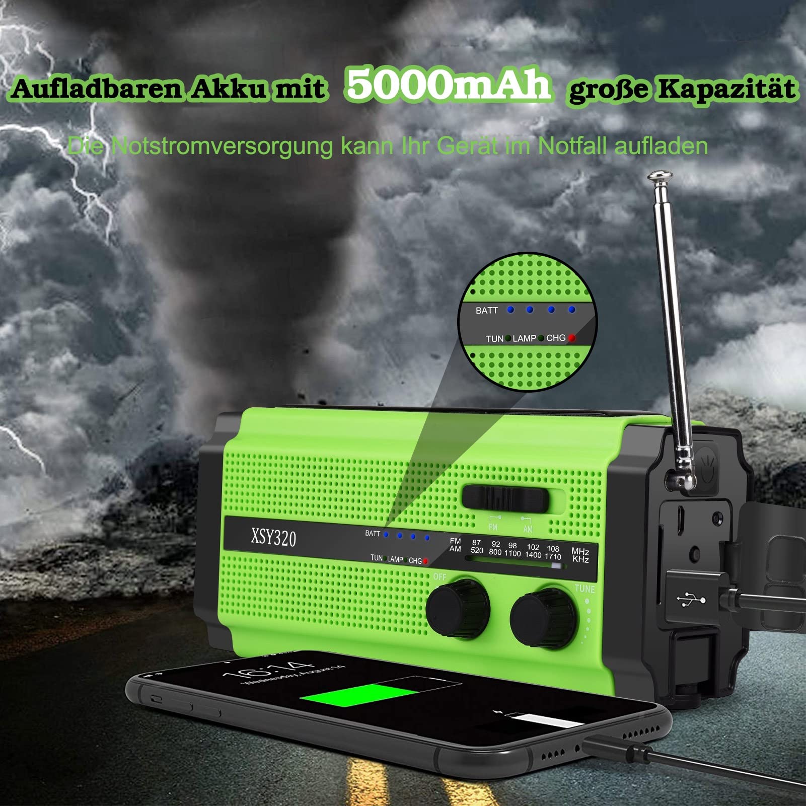 Radio Solar, Radio Portátil con Manivela y Dinamo Am/FM, Batería Recargable Incorporada de 5000mAh, 3 Modos de Linterna LED, Lámpara de Lectura LED, Alarma SOS para Emergencias, Outdoor (Verde)