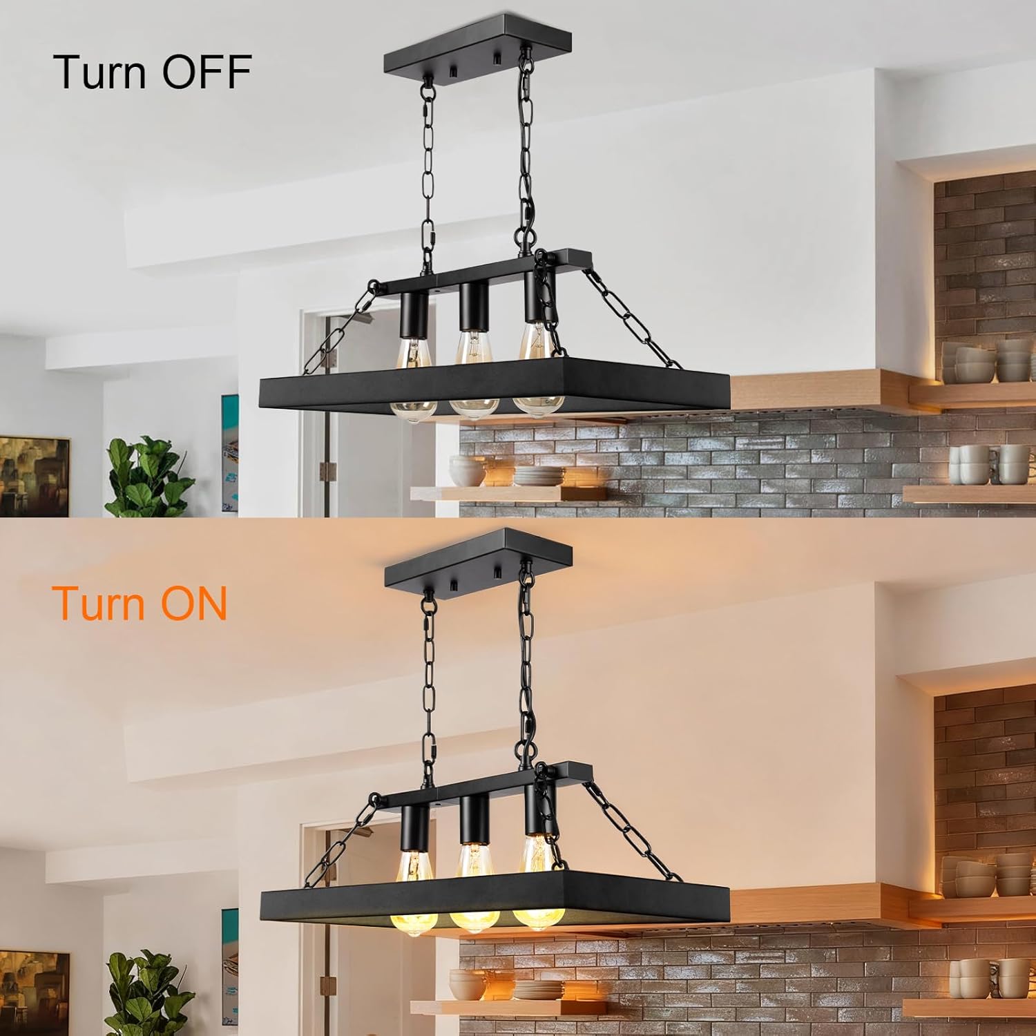 3-Light Rustic Farmhouse Chandelier, 24.8" Linear Black Metal Dining Room Light Fixture Over Table, Industrial Kitchen Island Hanging Pendant Lighting (E26)