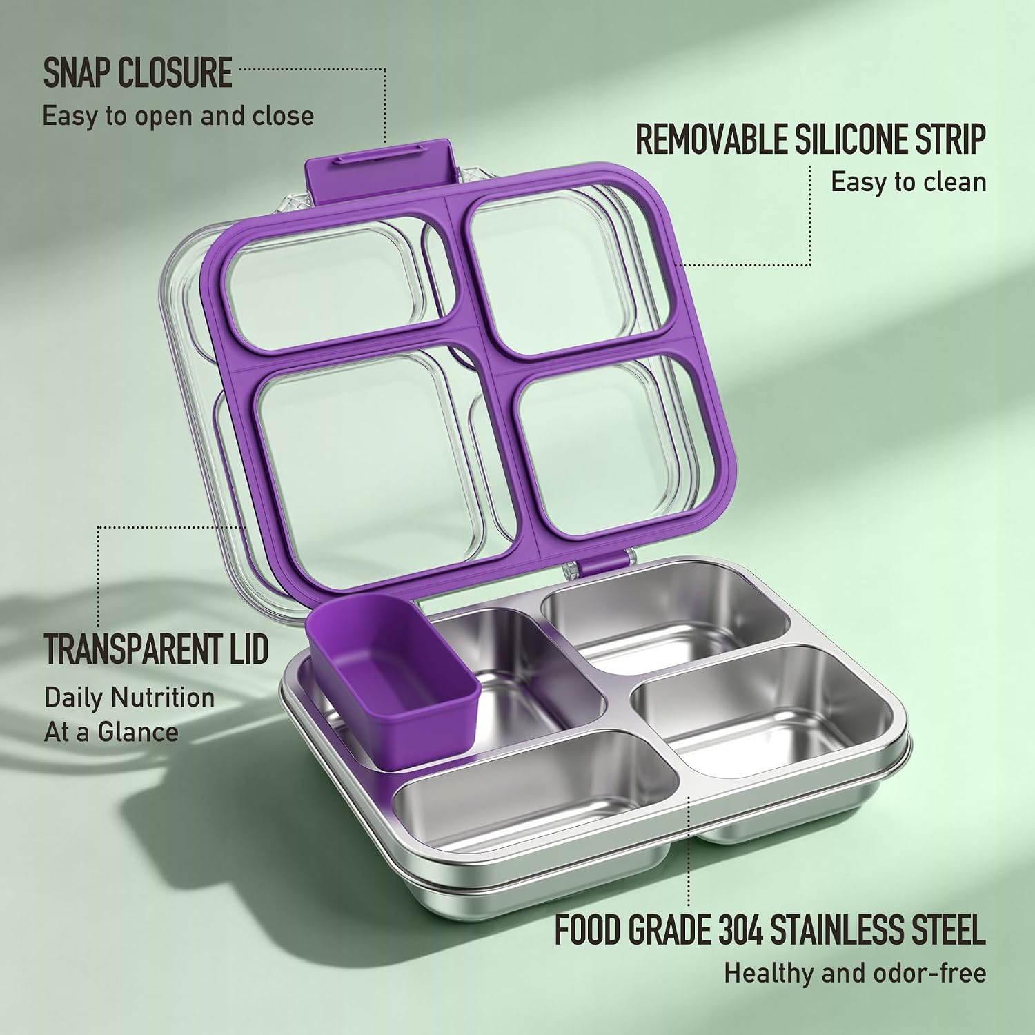Stainless Steel Bento Box for Kids with Silicone Container, 4 Compartment Metal Lunch Box Kids Adults, Removable Silicone Seal & Clear Lid, Leak Proof Food Storage Container for Meal (Purple) image 2