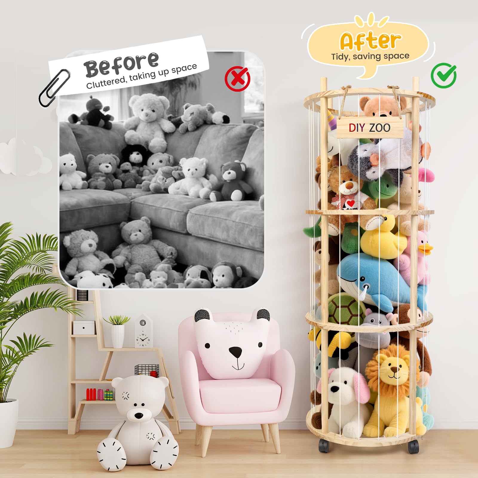 Rangement Peluche, 130x48x30cm Range Peluche avec Roulettes Pivotantes à 360° et Freins, Convient aux Chambres D'enfants aux Salons et aux Chambres à Coucher (Rond)