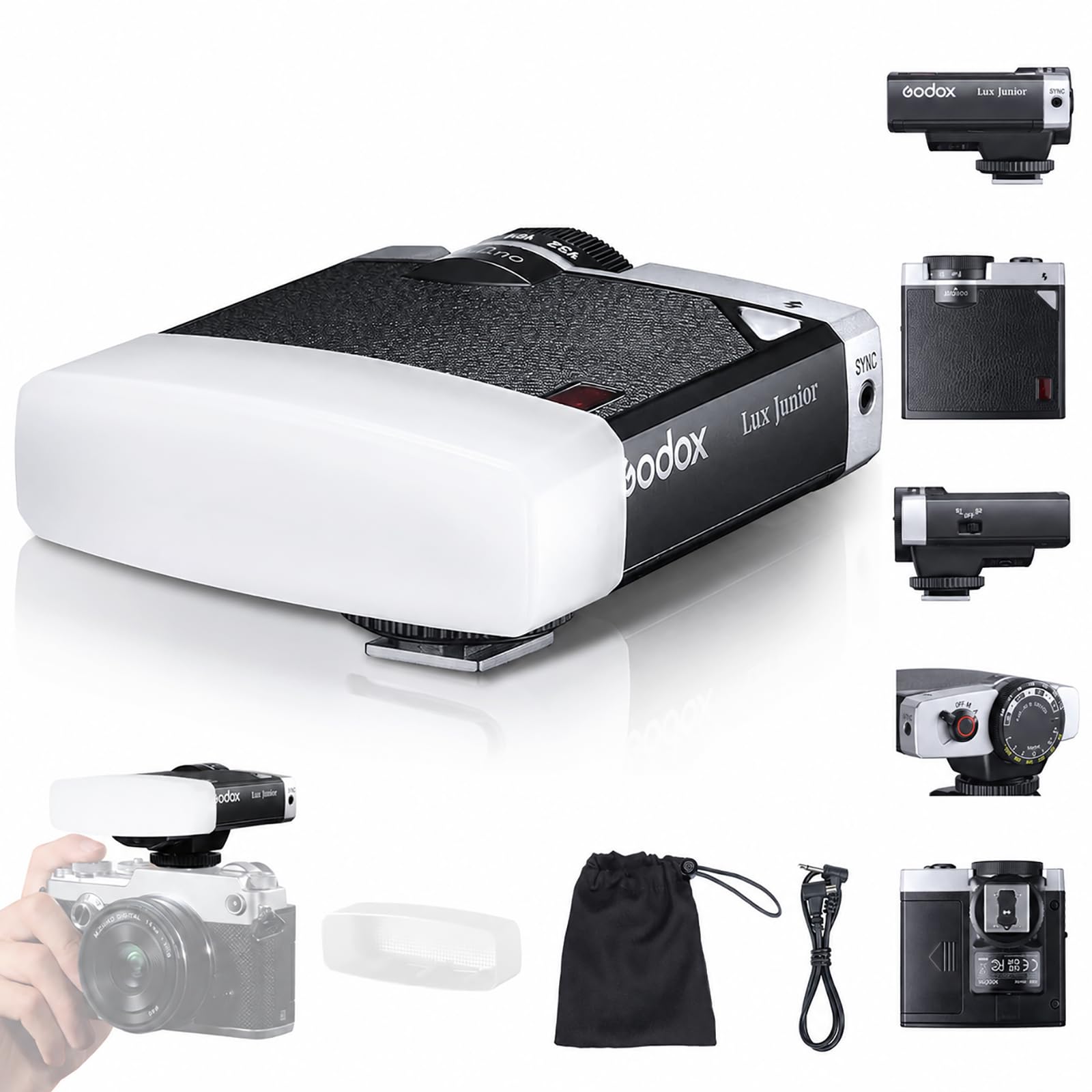 Godox Lux Junior Retro Camera Flash Kit con Diffusore, GN12 7 Livelli di Potenza, 6000K S1/S2 Optical Slave Mini Portatile On-Camera Speedlite Compatibile con Canon Sony Nikon Fujifilm Olympus