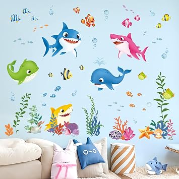decalmile Under the Sea Fish Colorful Sharks Seaweed Wall Decals Stickers