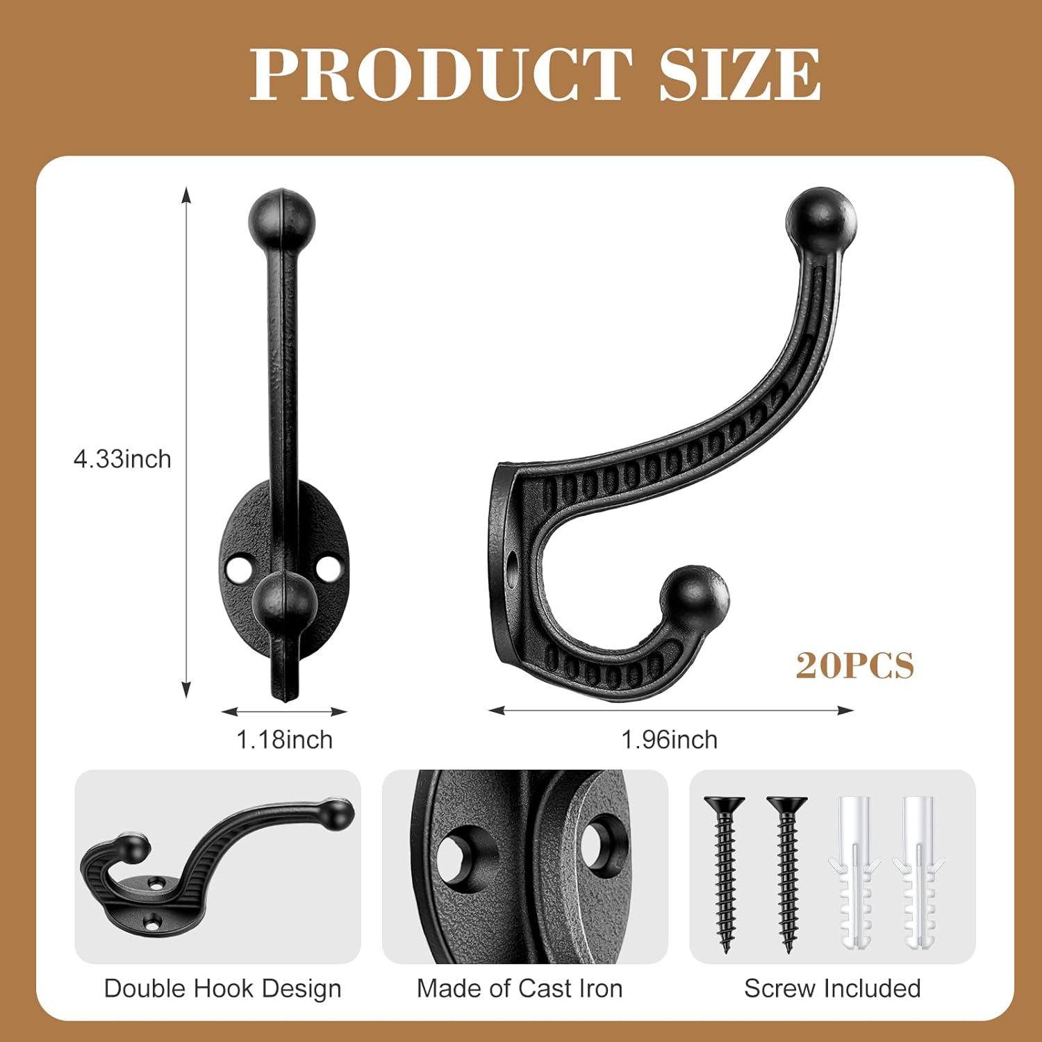 Frienda 20 Pack Rustic Cast Iron Coat Hooks Wall Mounted, Heavy Duty Double Robe Hooks with Screws and Anchors, Farmhouse Vintage Wall Hook for Coats, Hats, Towels, Bags, Keys, Entryway, Bathroom