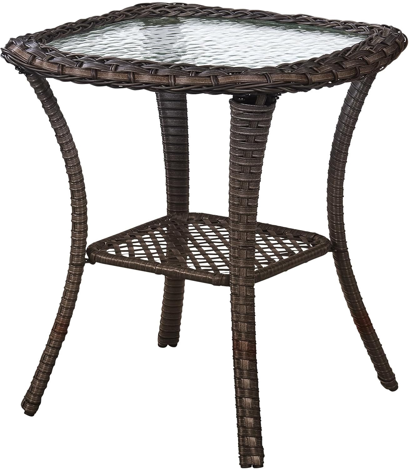 Small Outdoor Side Table - 50 LBS Weight Capacity Wicker Side Table with Storage, Tempered Glass Top Patio Side Table for Porch Balcony Deck Garden - Brown