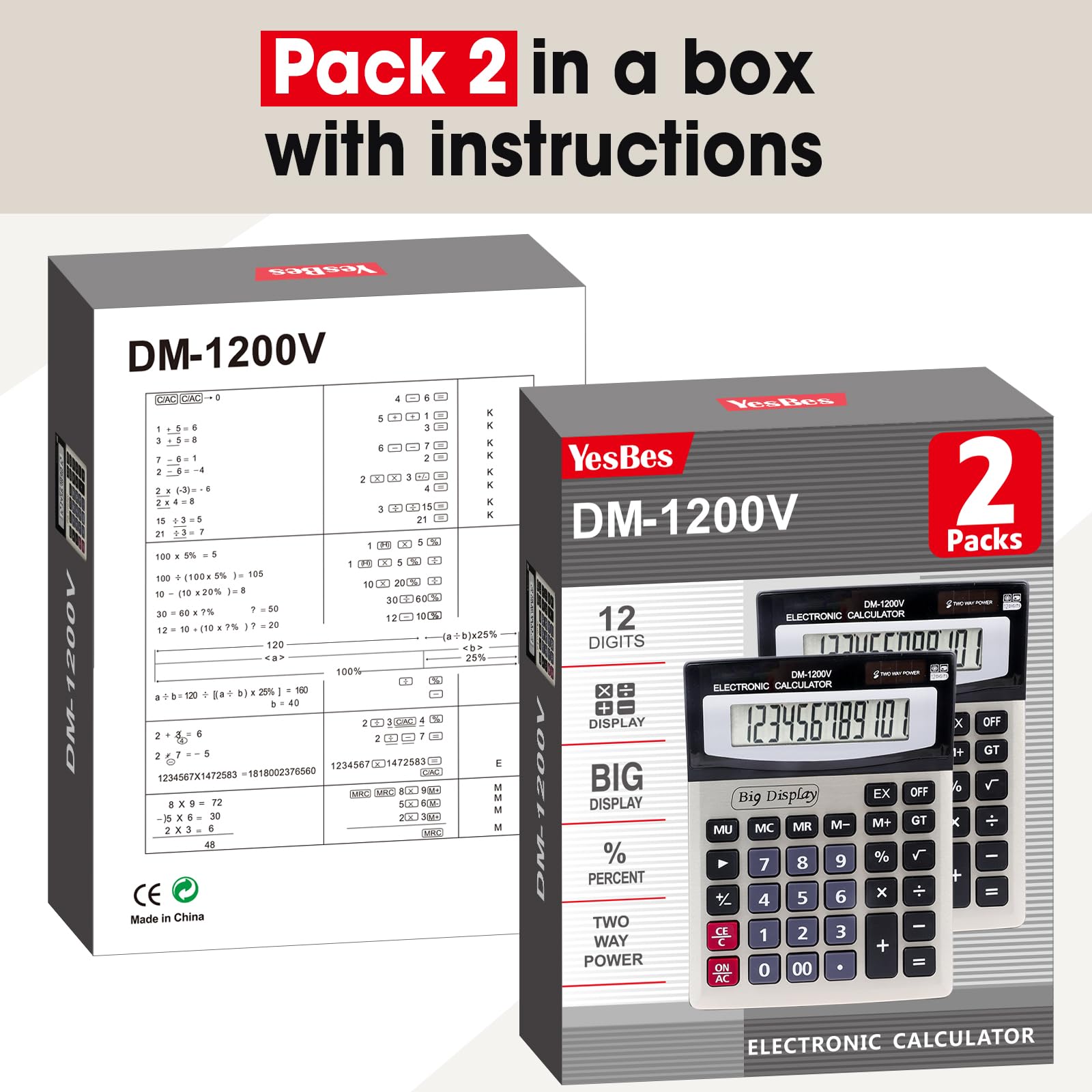Paquete de 2 calculadoras de escritorio con botones de llave grandes, calculadoras de 12 dígitos de escritorio con pantalla LCD grande, funciona con energía solar y pilas, calculadora de escritorio