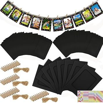 LEFIMOT 100 Pack Paper Picture Frames 4x6in, DIY Cardboard Photo Frames Hanging Display with 100 Clips and 10 Strings, Paper Photo Frame Art Display Frame with 12 Stickers for Wall Decor Black