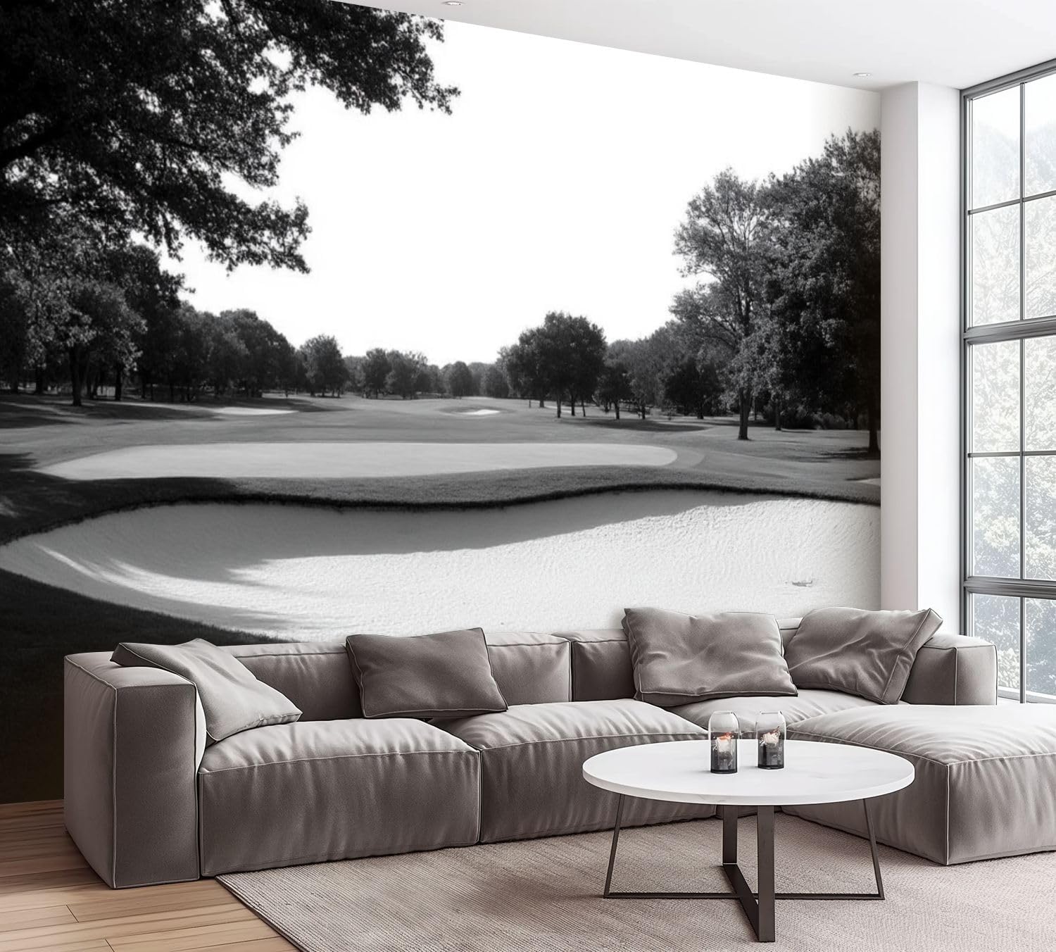 Wall Mural Golf Course Sport Black White Sand Trap Trees Open Space Horizon Peel & Stick Wallpaper Removable Self-Adhesive Large Wall Sticker Wall Decor for Bedroom Living Room Nursery 100"x144"