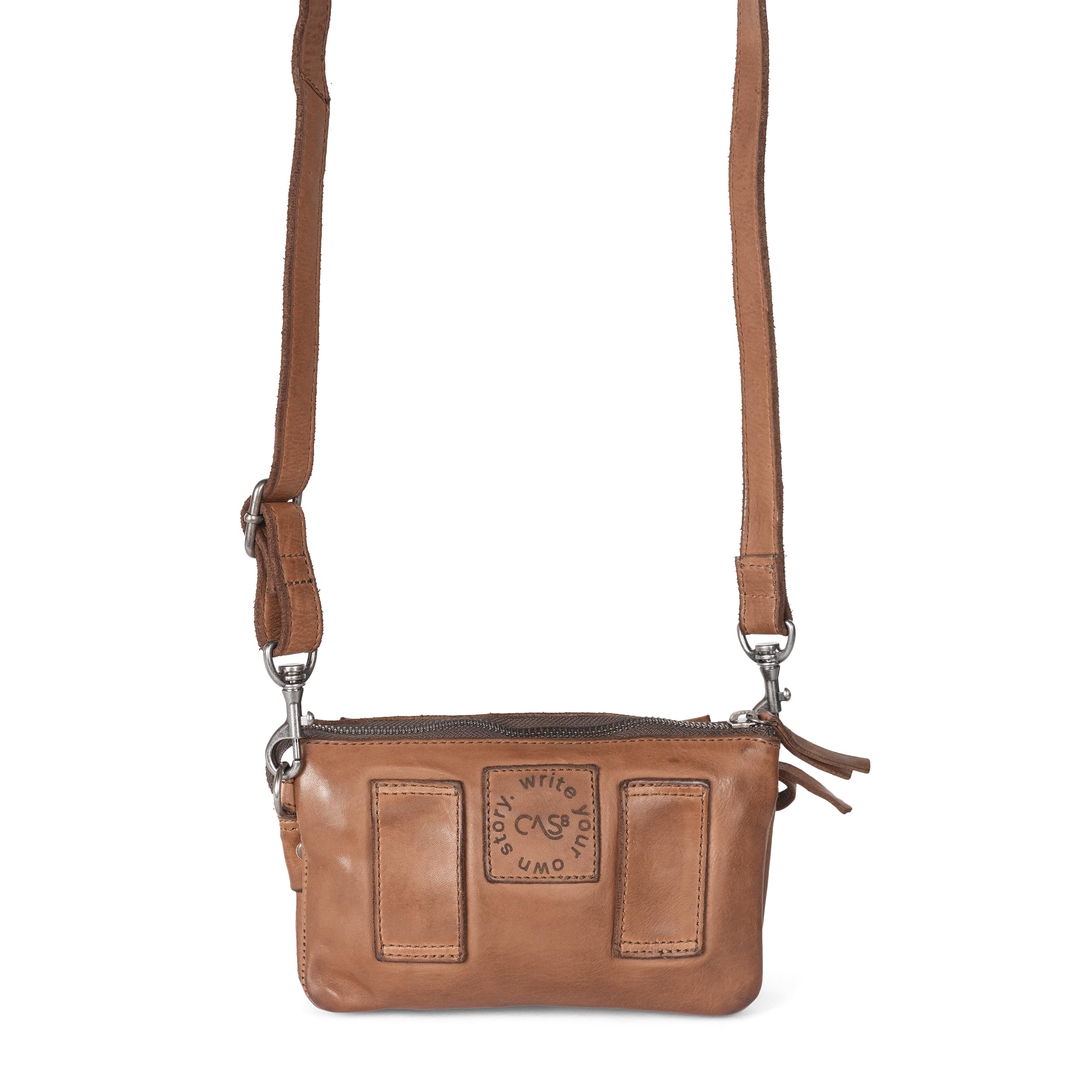 Handtasche DANY, kleine Damen Umhängetasche aus Leder, als Gürteltasche tragbar, 3 Fächer mit Reißverschluss für perfekte Organisation, cognac