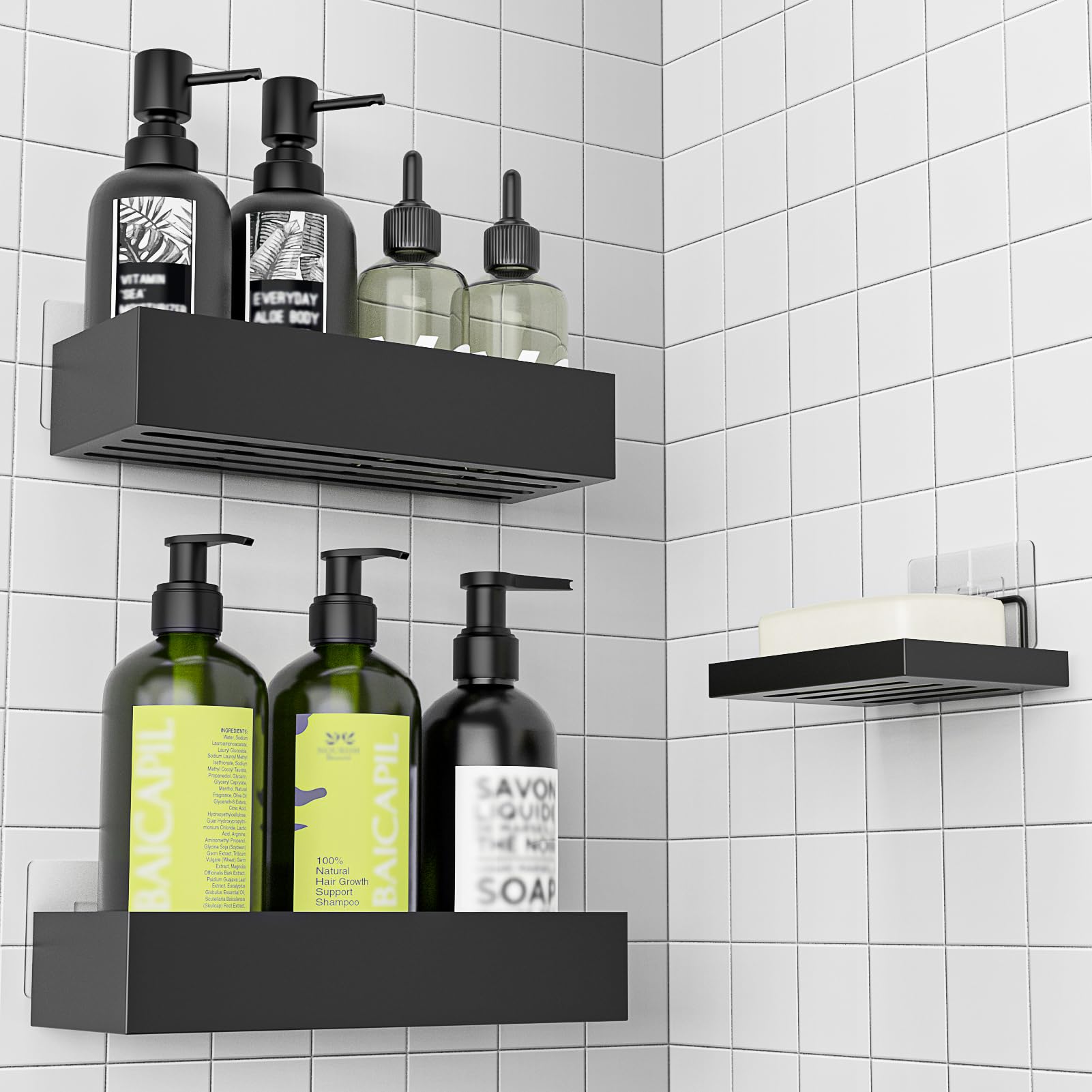 Étagère Douche ALOCEO 3 Pièces - Acier Inoxydable Noir Sans Percage