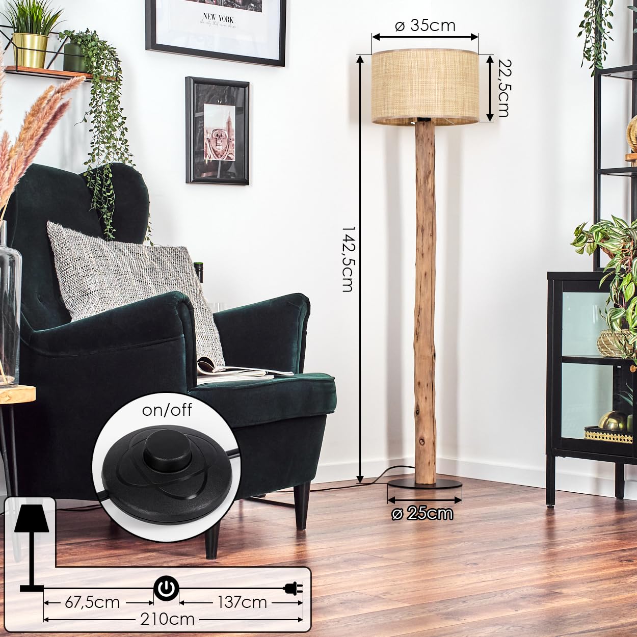 HOFSTEIN Lampa stojąca Sabadim, lampa stojąca z drewna/metalu w nowoczesnym stylu boho, abażur z plecionki papierowej/materiału Ø 35 cm, E27, 145 cm, z przełącznikiem nożnym – salon, sypialnia