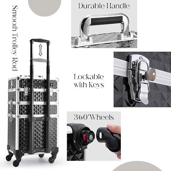 3 in 1 Hairdressing Trolley On Wheels Beauty Trolley Makeup Trolley Case On Wheels Make Up Rolling Box Vanity Suitcase Nail Technician Make Up Case, Black