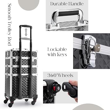 3 in 1 Hairdressing Trolley On Wheels Beauty Trolley Makeup Trolley Case On Wheels Make Up Rolling Box Vanity Suitcase Nail Technician Make Up Case, Black