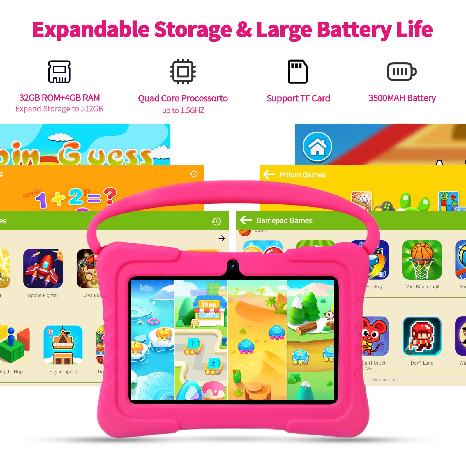 VASOUN Kids Tablet 7 inch, Tablet for Kids 3-7 Android 13, Tablets for Toddler with 4GB(2+2) RAM 32GB ROM, Parental Control, GMS Certified WiFi Dual Camera with Eye Protection(Pink) — view 5