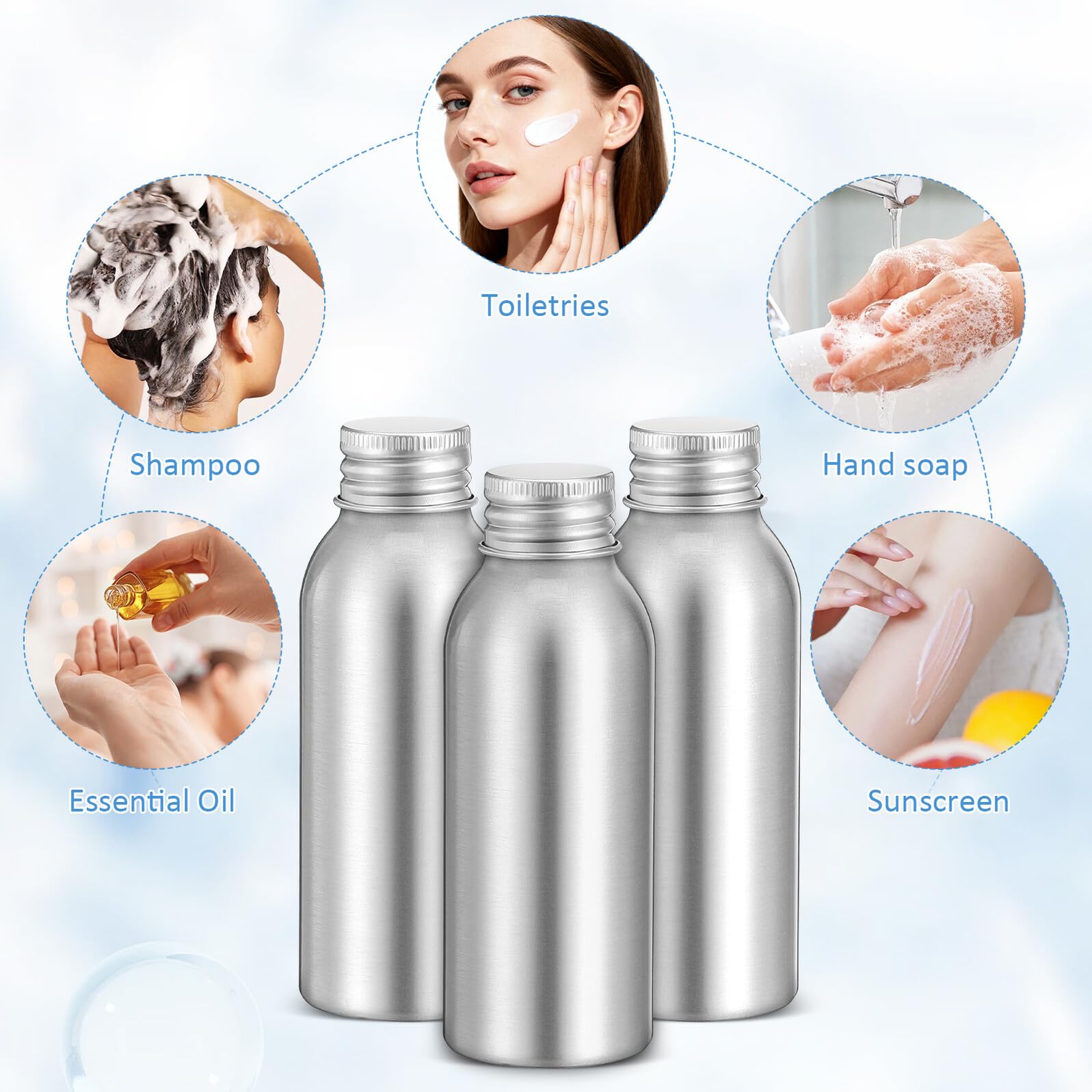 CLISPEED Bottiglie Ricaricabili per Profumo e Olio Essenziale in Alluminio 3 Set da 100 Ml Tappo a Vite, Contenitori Vuoti Portatili per Viaggio e Uso Cosmetico, Flaconi Dispenser Ermetici