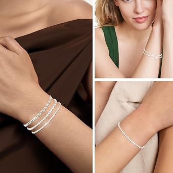 3Pcs Silver Chain Bracelets,925 Sterling Silver Bracelet Adjustable Stackable Figaro Tennis Bracelet Jewellery Gifts for Women