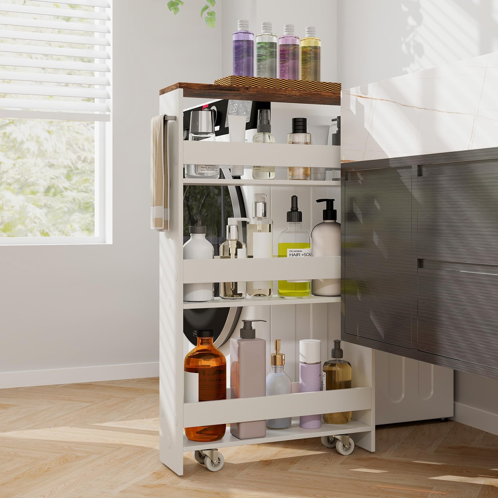 KOMFOTTEU Carrello Portaoggetti a 4 Ripiani con Ruote Rirevoli a 360°, Carrellino Scorrevole con Maniglia Slim, da Bagno, Cucina, Lavanderia, 47,5 x 20 x 80,5 cm (Bianco e Marrone, Senza Presa)