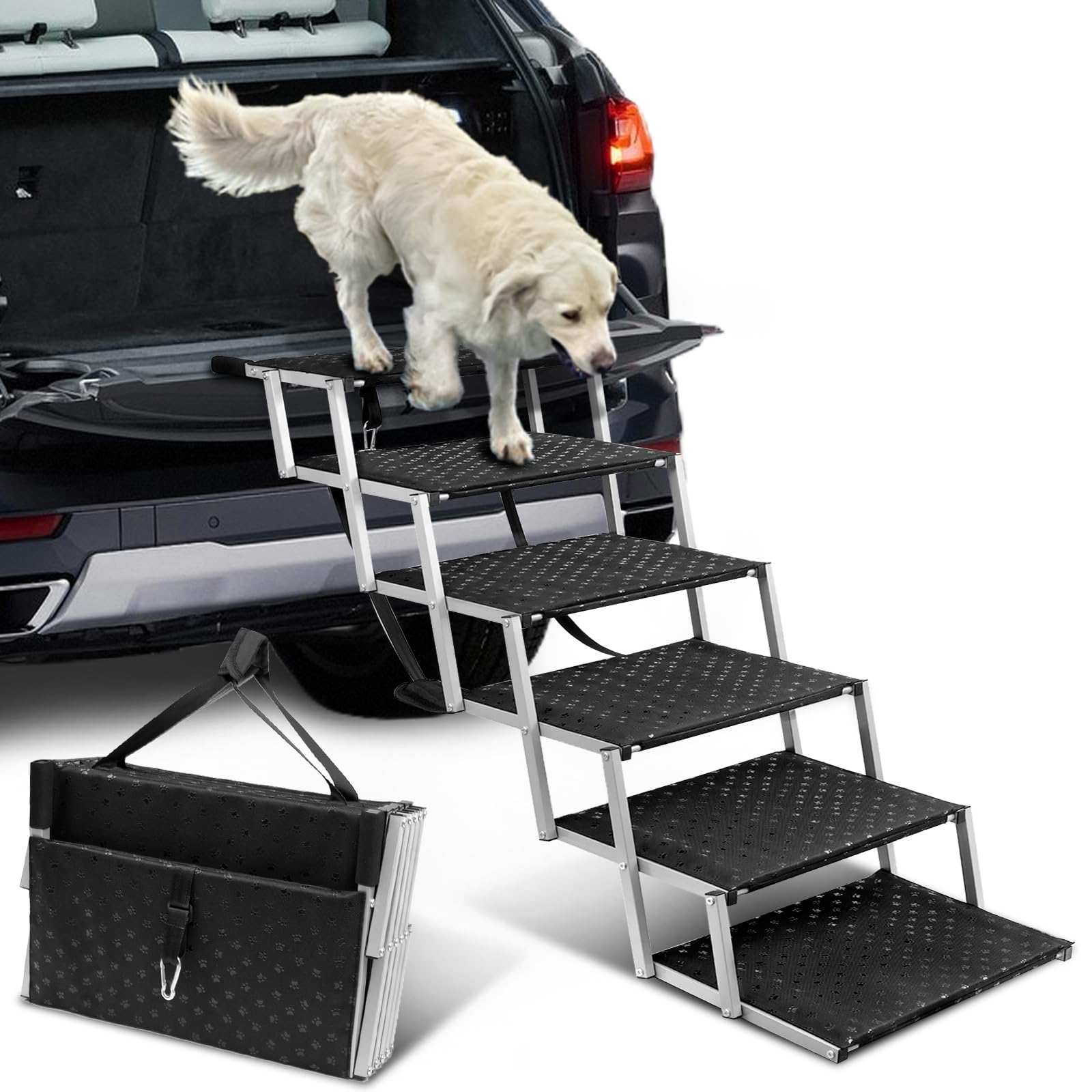 Extra Wide Dog Stairs for Large Dogs,Dog Ramps for Cars,Portable Folding Dog Stairs for Cars,SUV,Trucks,Pet Ramp with Non-Slip Surface,Dog Steps Supports Up to 250 lb,6 Steps