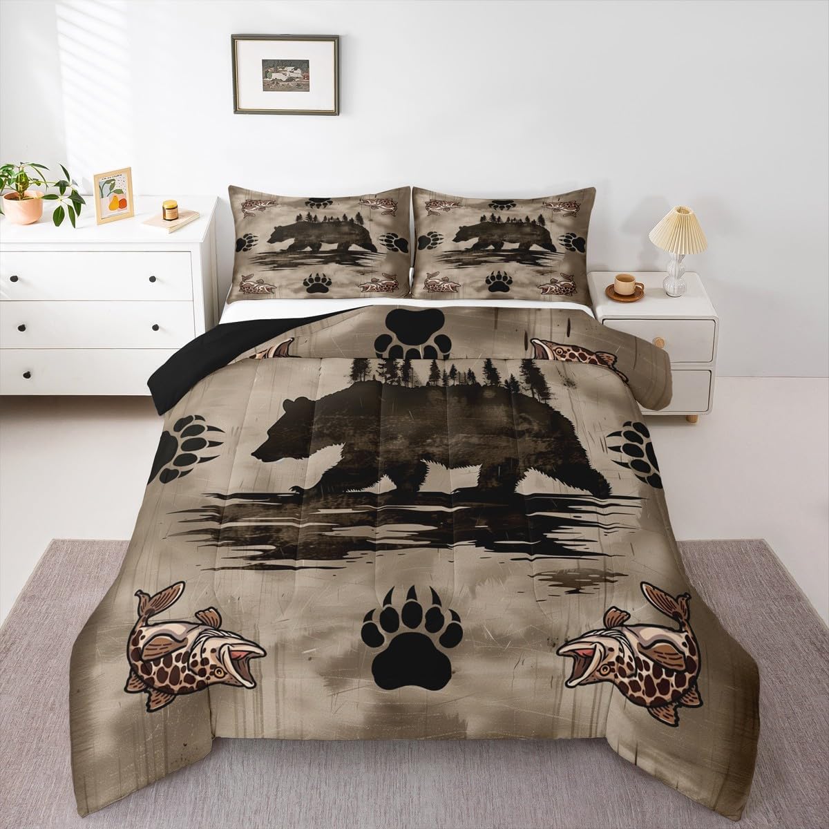 Feelyou Bear Print Kids Comforter Set Queen for Kids Boys Girls Bedding Set