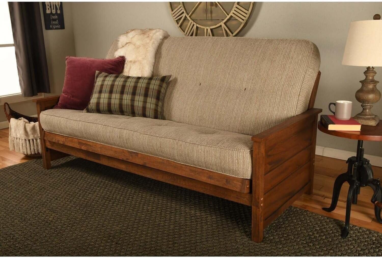 Maykoosh Naturally Nice Full-Size Futon Frame Set in Weathered Brown Finish with Mattress, Convertible Feature, Lounge Room Type - Solid Hardwood Construction Cream/No Drawers