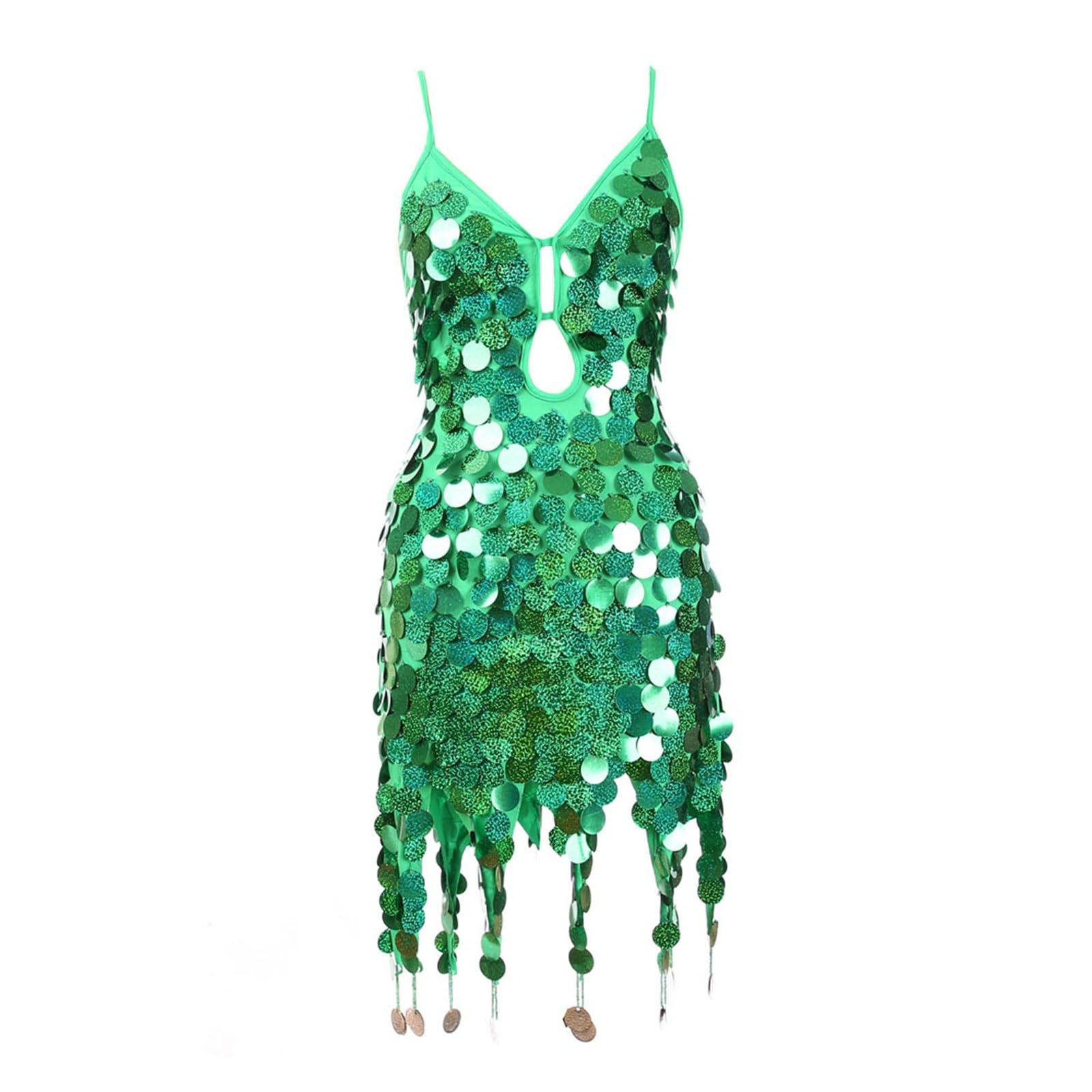 HKYBCF Sequin Fringe Dress Women Sequin Fish Scales Tassel Dress Belly Dance Performance Sparkly Dress Festival Clothes Rave Party Costume(Color:Green)