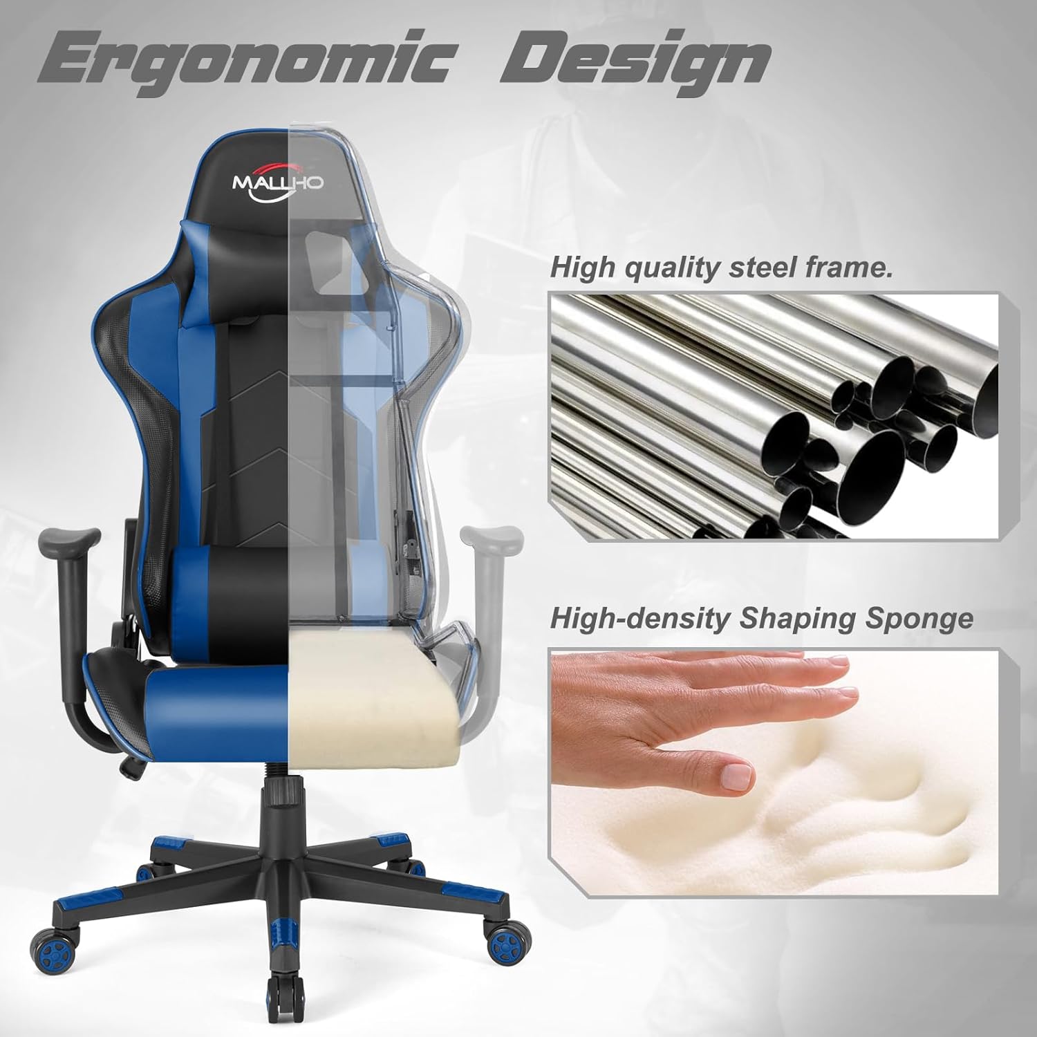 Image showing the ergonomic design of the chair with a high-quality steel frame and high-density shaping sponge highlighted.