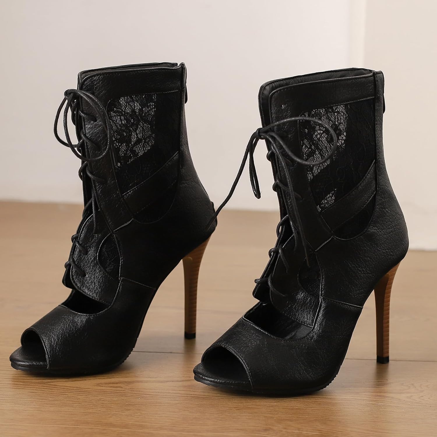 SACFOF Women's Sexy Peep Toe Lace Up High Heeled Sandals Fashion Stilettos Heels Dance Dressy Gladiator Summer Ankle Booties