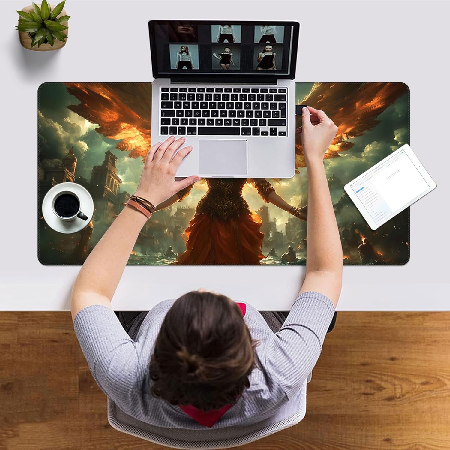 for MTG Playmat 24 x 14 Inches with Storage Bag, Magic The Gathering Playmat with Non-Slip Rubber Base, TCG Card Game Mat for MTG, Commander, Lorcana, Winged Angel in Ruins