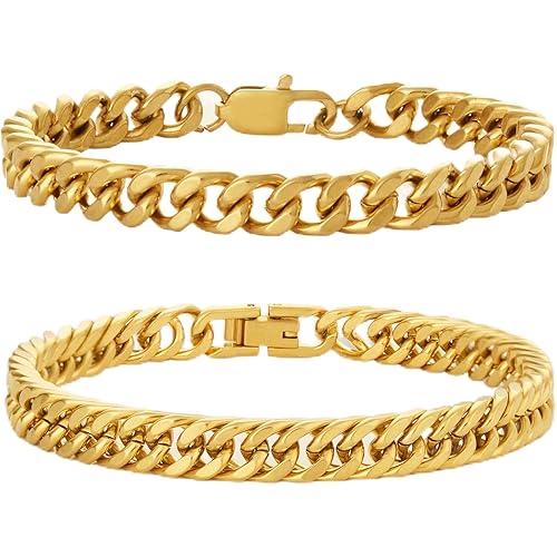 XIANNVXI Stainless Steel Bracelets for Men 2PCS Cuban Link Bracelet Stainless Steel Mens Silver/Gold/Black Bracelet Set 7.5/8.3/9 Inches Gifts for Mens Metal Bracelets
