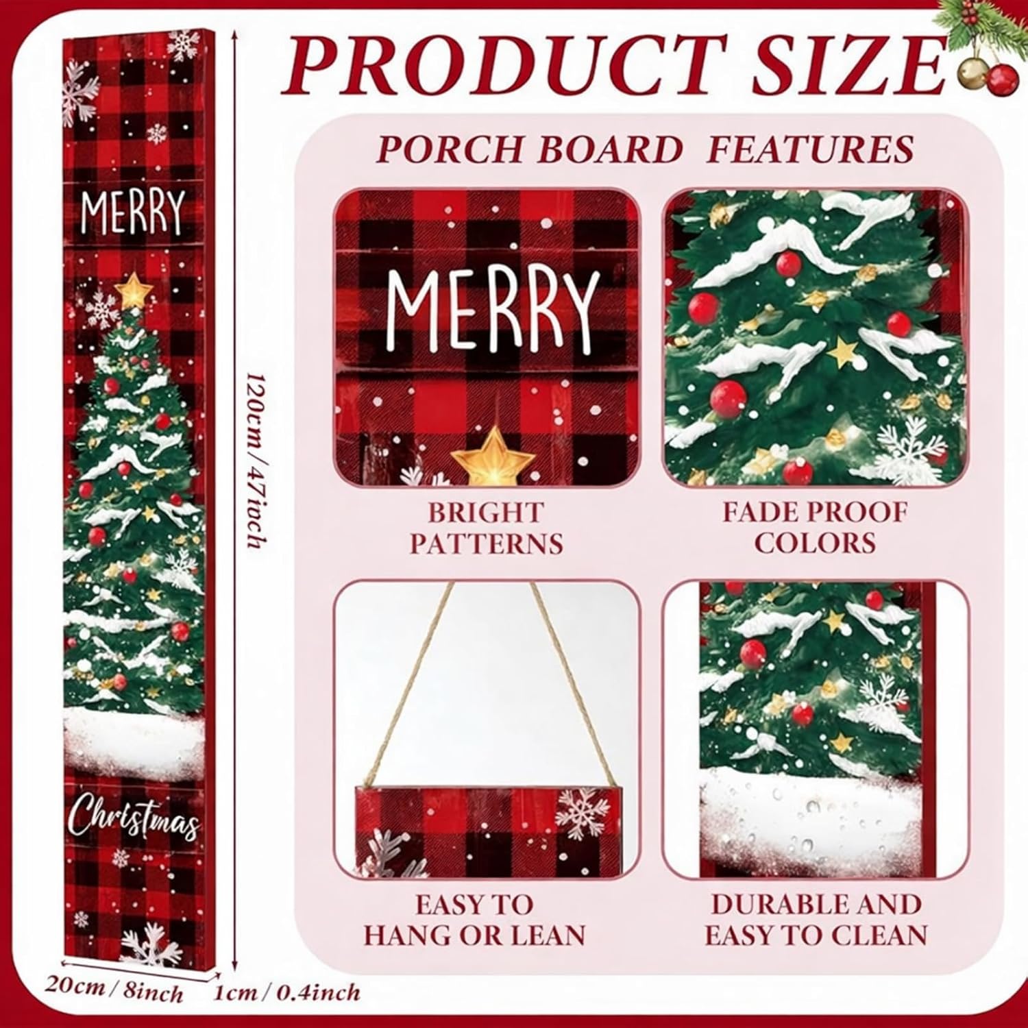 47" Christmas Front Porch Sign Buffalo Plaid Wooden Sign Merry Christmas Standing Vertical Door Hanger Rustic Xmas Front Porch Decor for Farmhouse Door Decoration