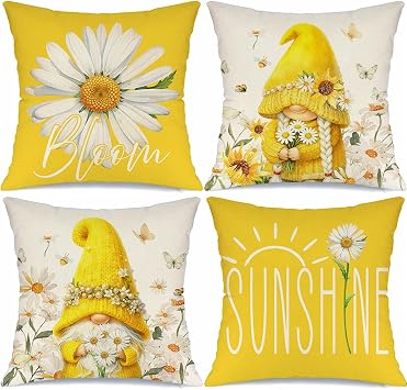 Spring Summer Floral Daisy Gnomes Yellow Throw Pillow Covers 18x18 Set of 4 Bloom Sunshine Farmhouse Cushion Case Decoration for Sofa Couch