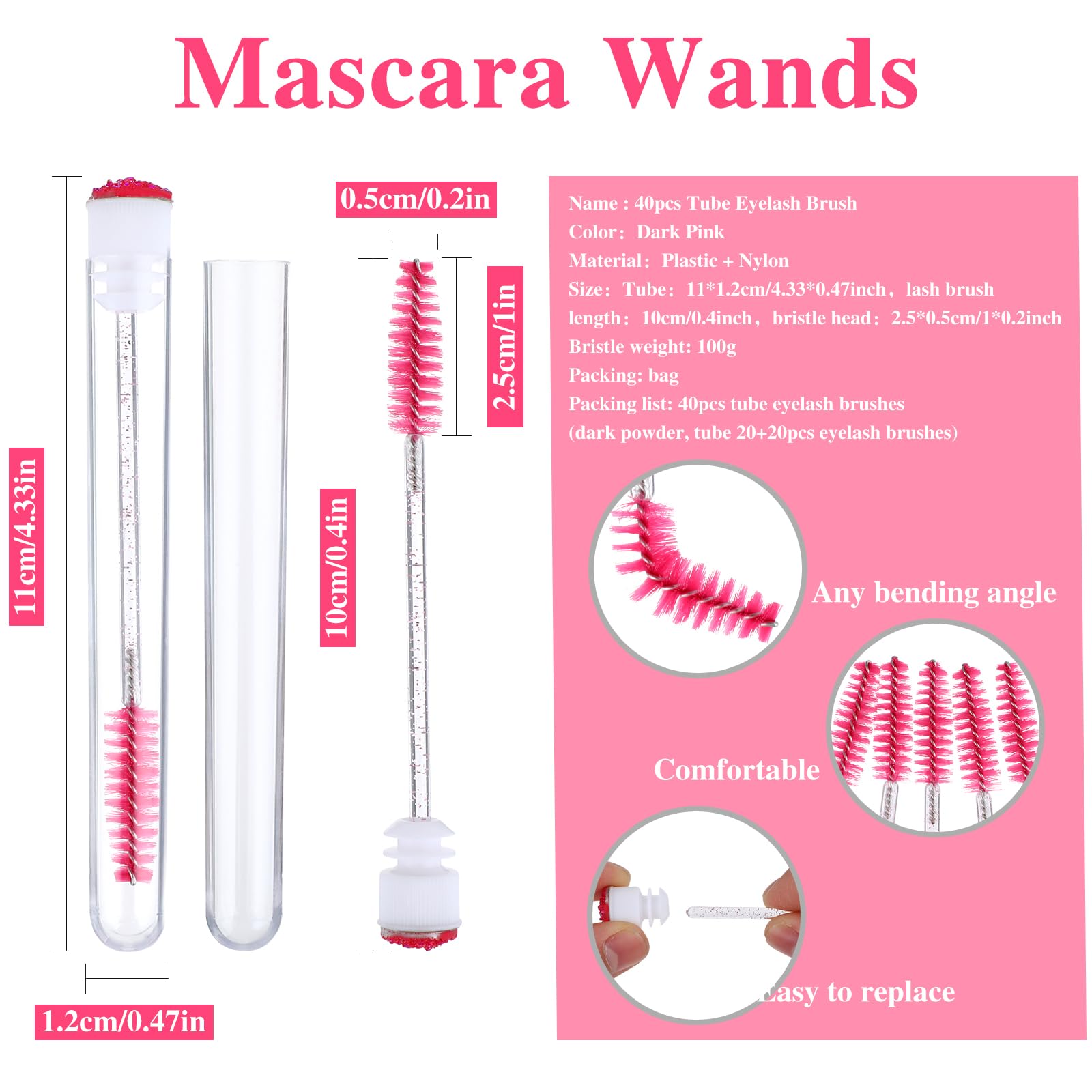 40PCS Disposable Mascara Brushes Tubes Set, 20 Empty Mascara Wand Tube with 20 Eyelash Brush for Eyelash Extension Lash (Pink) - Image 2