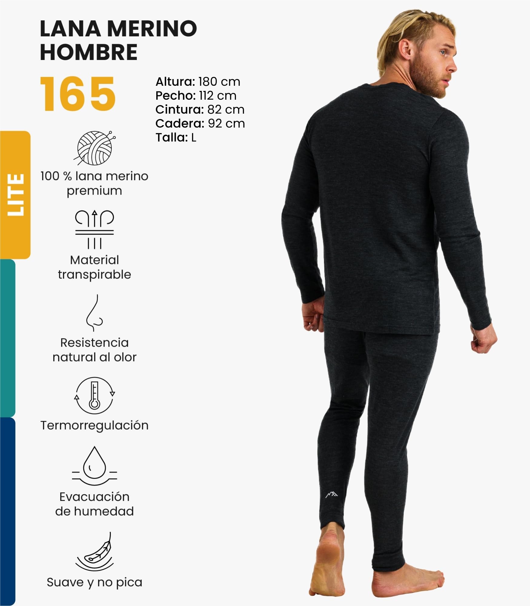 Merino.tech Conjunto Lana Merino Hombre - 100% Lana Merino con Calcetines (XXX-Large, 165 Lite Charcoal Grey)