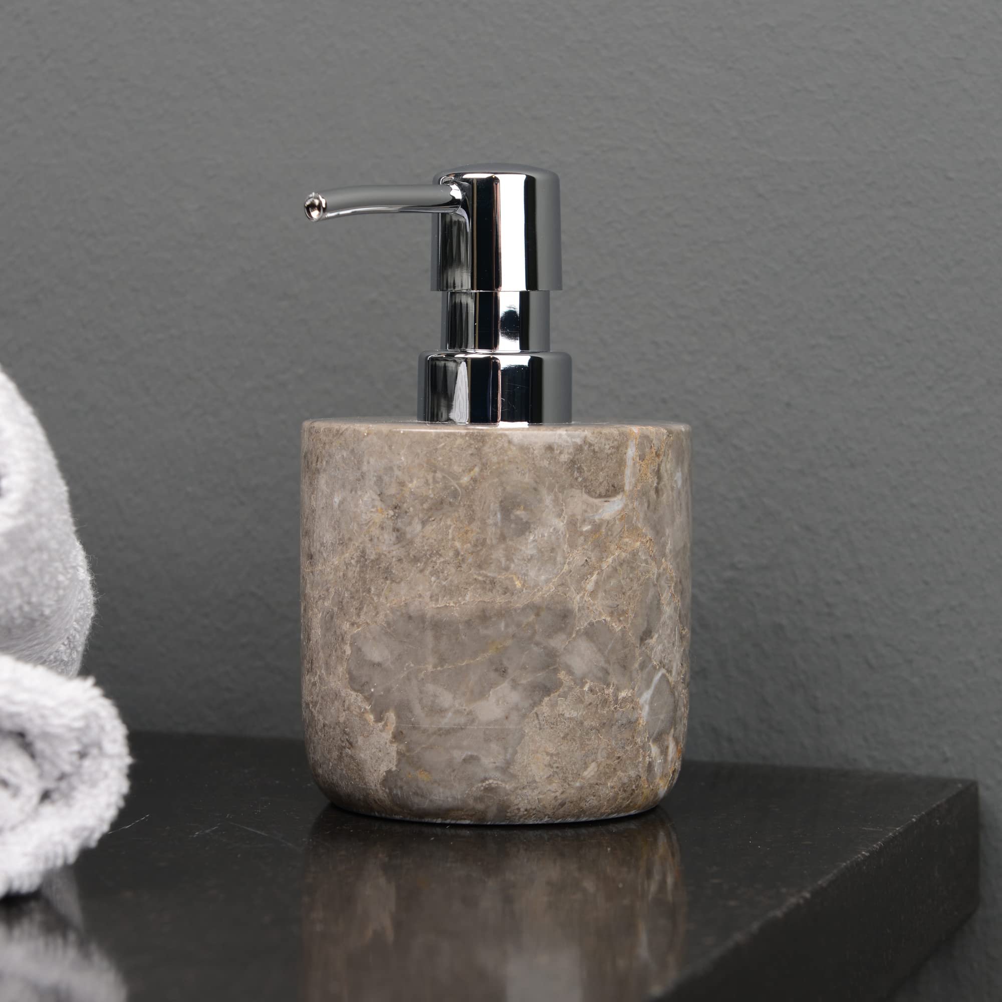 Dispensador de jabón de mármol gris redondo, 15 cm, dispensador dosificador rellenable de piedra natural