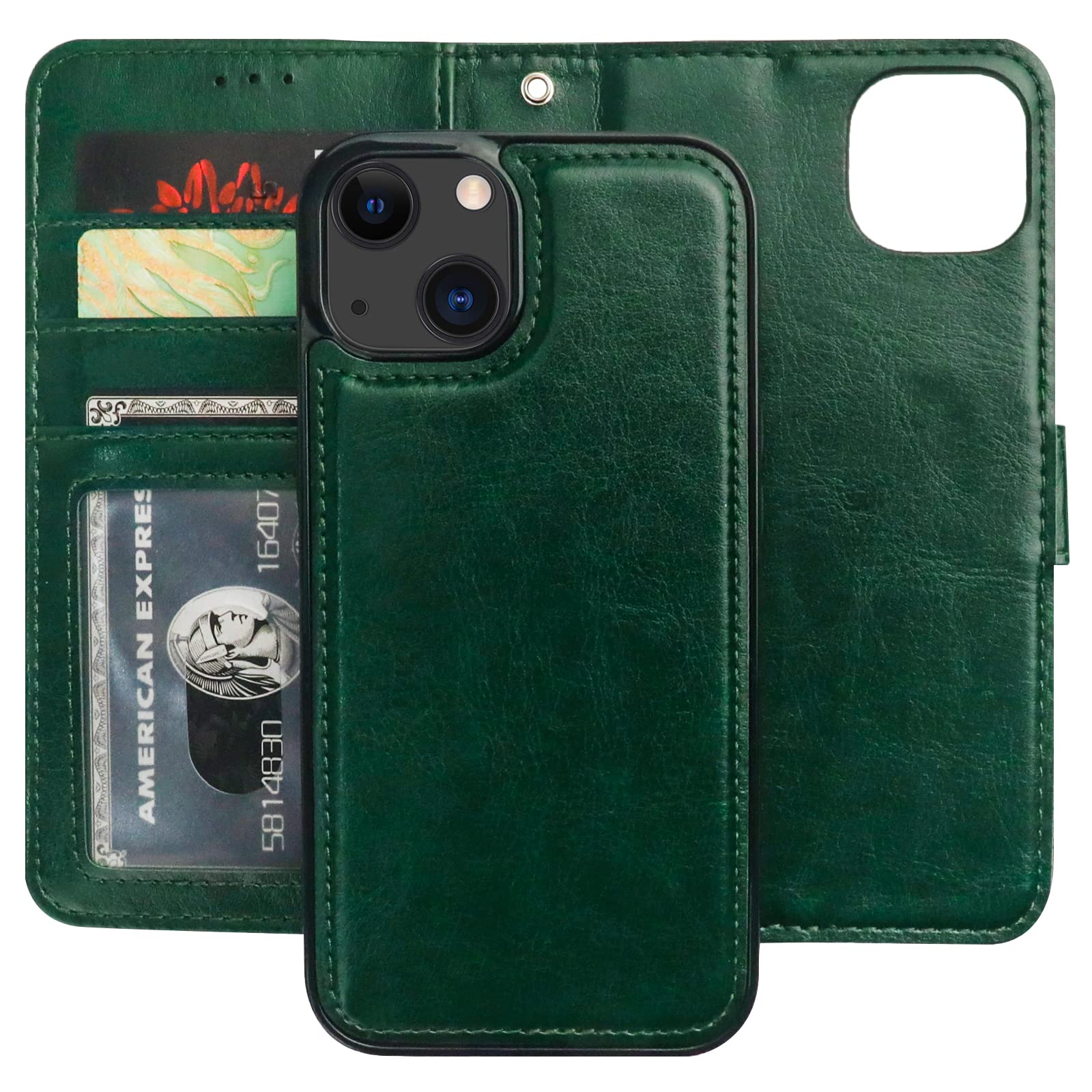 Bocasal Detachable Wallet Case for iPhone 13 RFID Blocking Card Slots Holder Premium PU Leather Magnetic Kickstand Shockproof Wrist Strap Removable Flip Protective Cover 5G 6.1 inch (Green)