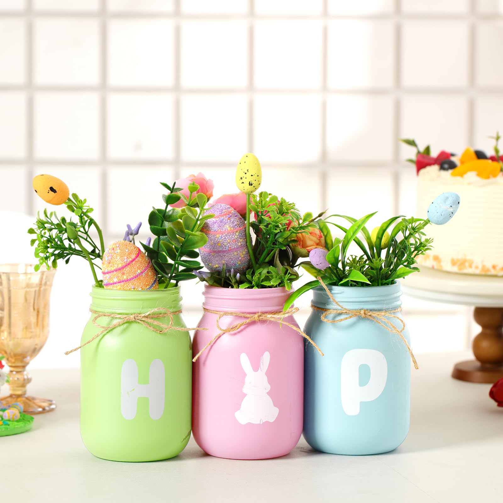 Nitial 3 Pcs Easter Mason Jar Centerpiece for Table Mason Jars Farmhouse Decoration with Painted Distressed Decorative Jars for Easter Spring Party Supplies Home Kitchen Table Centerpiece