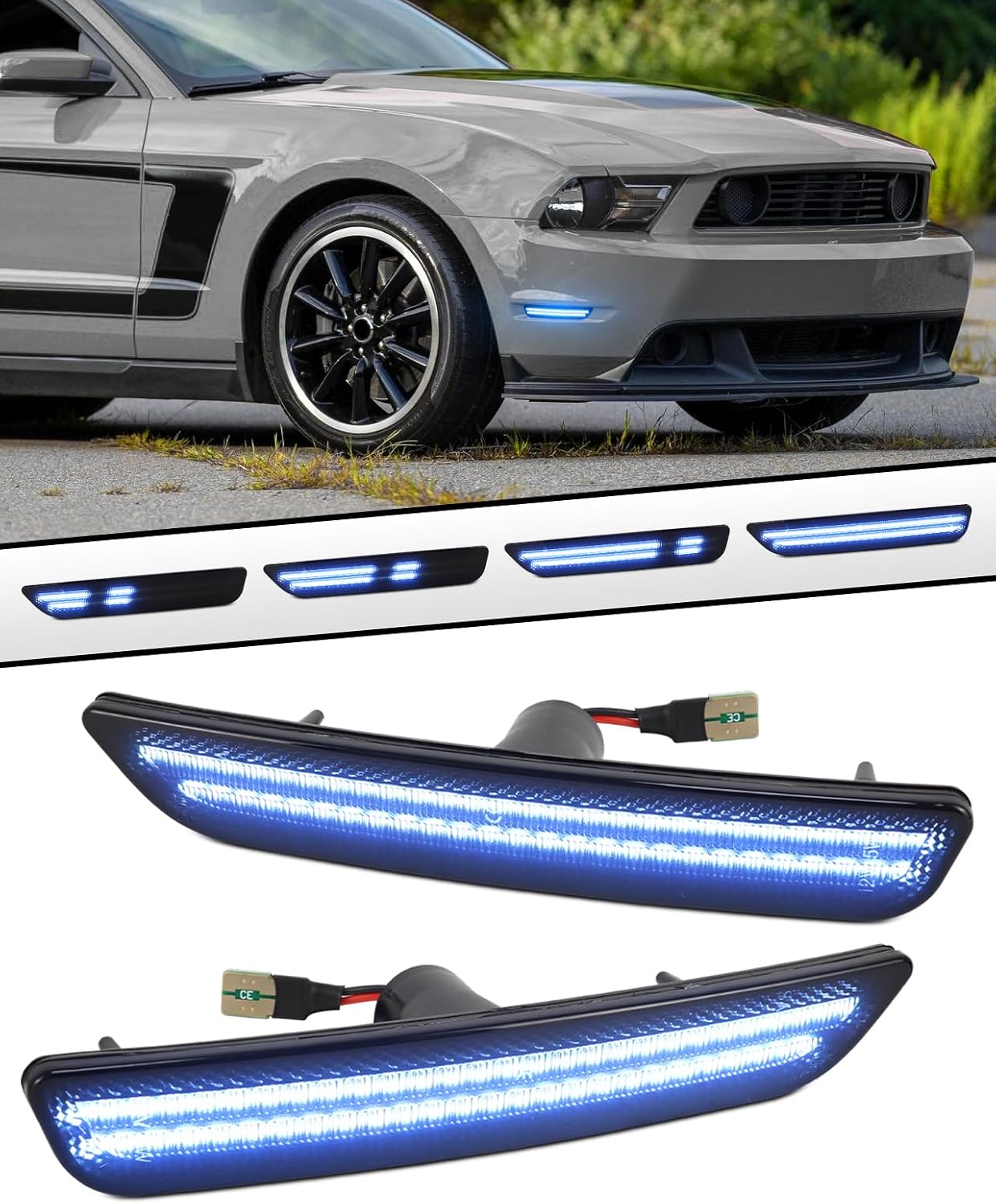 Dynamic Front Blue LED Side Marker Lights Compatible for Ford Mustang 2010-2014, Driver & Passenger Side Fender Marker Lamps, Smoked Lens Pack of 2