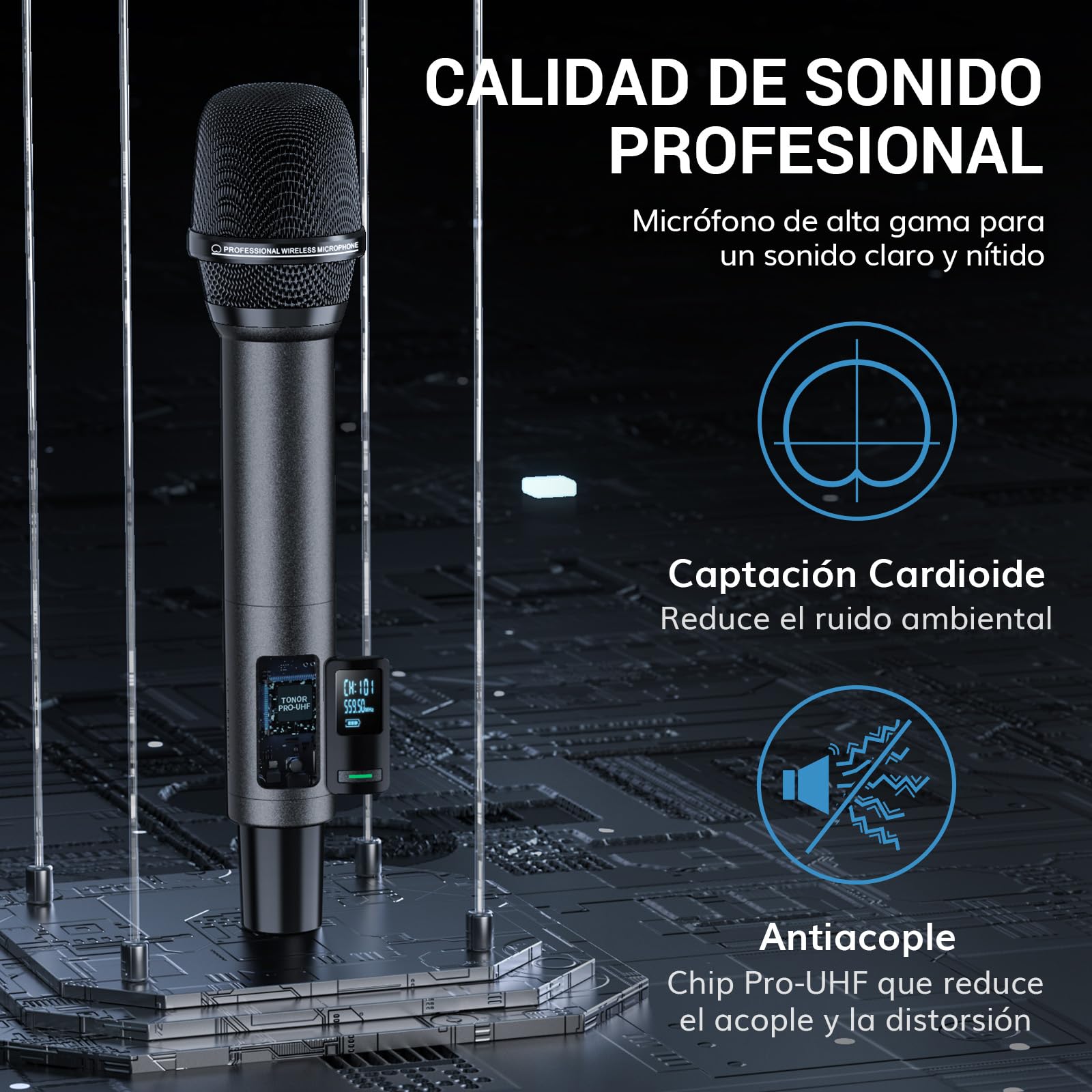 TONOR Microfono Inalambricos Karaoke Recargable UHF, 2x20 Canales Micrófono Dinámicos de Metal, Micrófono Inalámbrico Profesional para Cantar la Boda de la Iglesia con Volumen ajust, 80 M, TW520