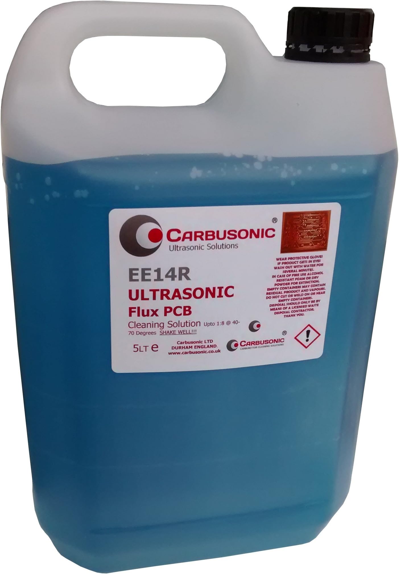 Ultrasonic PCB cleaner and flux remover 5 ltr fluid, for use in ultrasonic cleaning tanks and baths, removes debris, dirt and grease, 5 litre