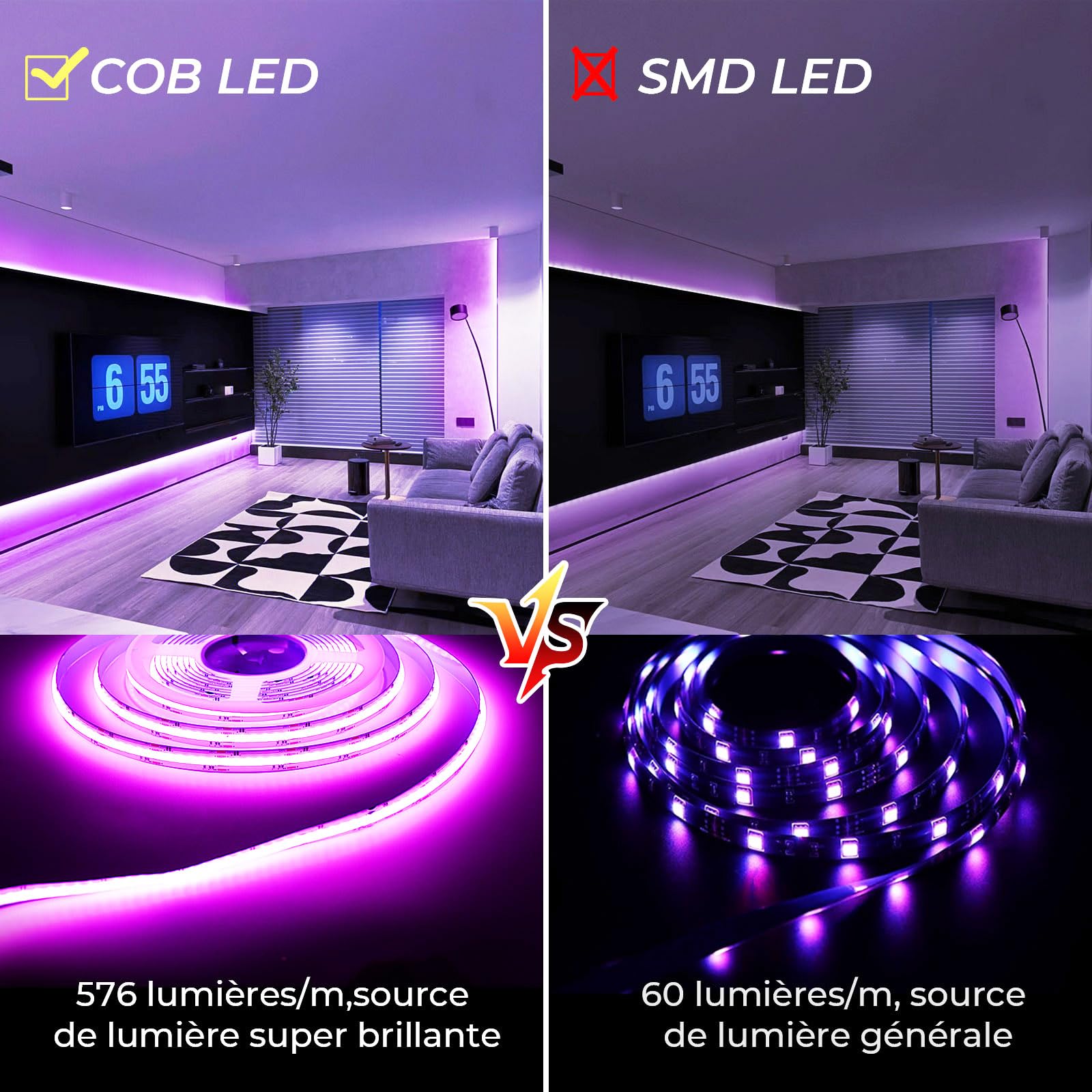 Ruban LED COB RGB 10M WiFi, Bande Lumineuse Intelligente 5760 LEDs Haute Densité, Compatible Alexa et Google Home, Sync Musique & App, Idéal pour Décoration Chambre, Gaming et Salon (24V)