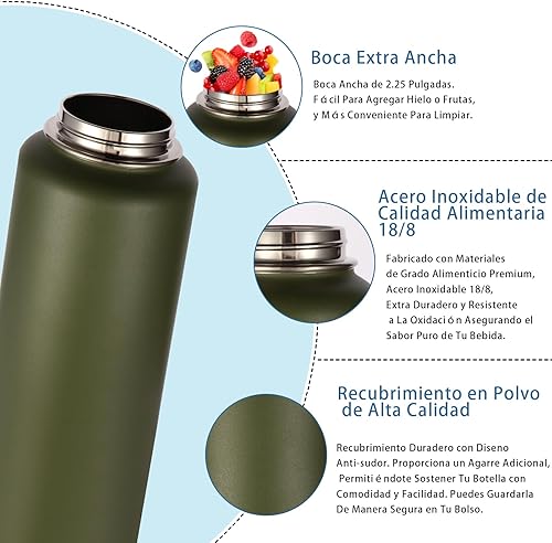 Miniatura 4 de Volhoply Botellas de agua aisladas a granel, paquete de 8, botellas deportivas de acero inoxidable de 40 onzas con tapa de boquilla con mango de