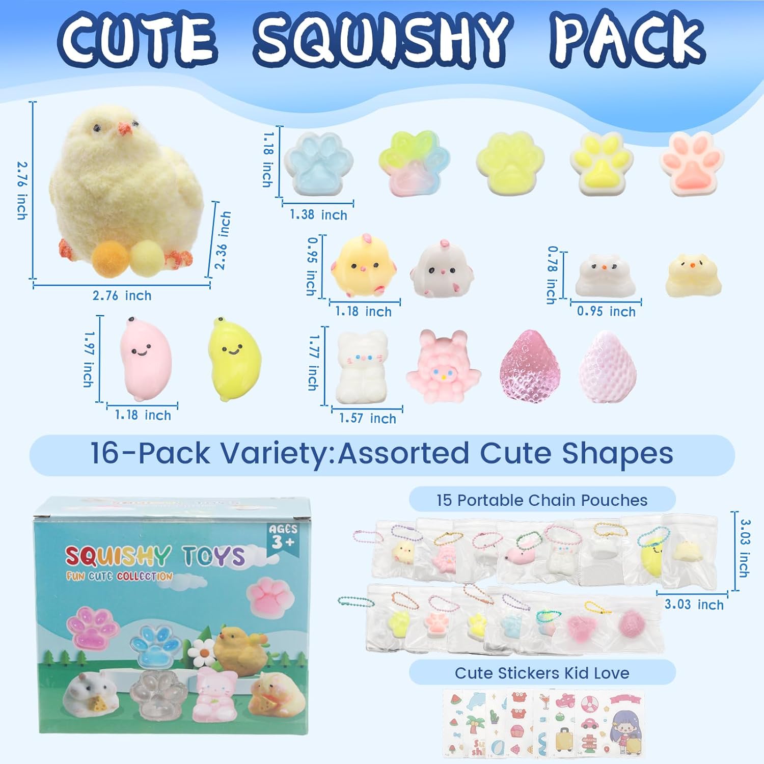 16pcs Squishy Pack,Fidget Toys Kit,Include taba Squishies Party Favors for Kids 4-8 8-12 Treasure Box Toys for Classroom Birthday Xmas Gifts Goodie Bag Stocking Stuffers for Teens (16pcs)