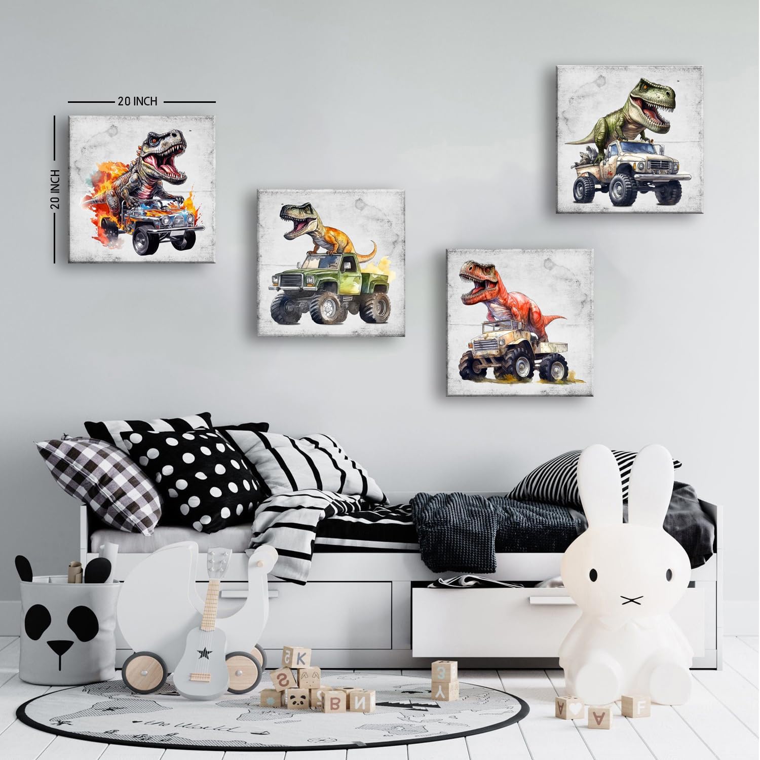 Cool Dinosaur Canvas Wall Art Dinosaur Car Posters Boys Bedroom Bathroom Vintage Monster Truck Pictures Wall Decor for Nursery Toddler Room Kids Playroom Paintings Artwork Home Decorations 20x20” 4Pcs