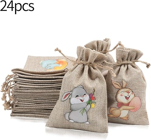 Miniatura 3 de STEFORD Bolsas de regalo con cordón de arpillera de Pascua, 24 bolsas de arpillera de yute de Pascua para dulces para suministros de fiesta