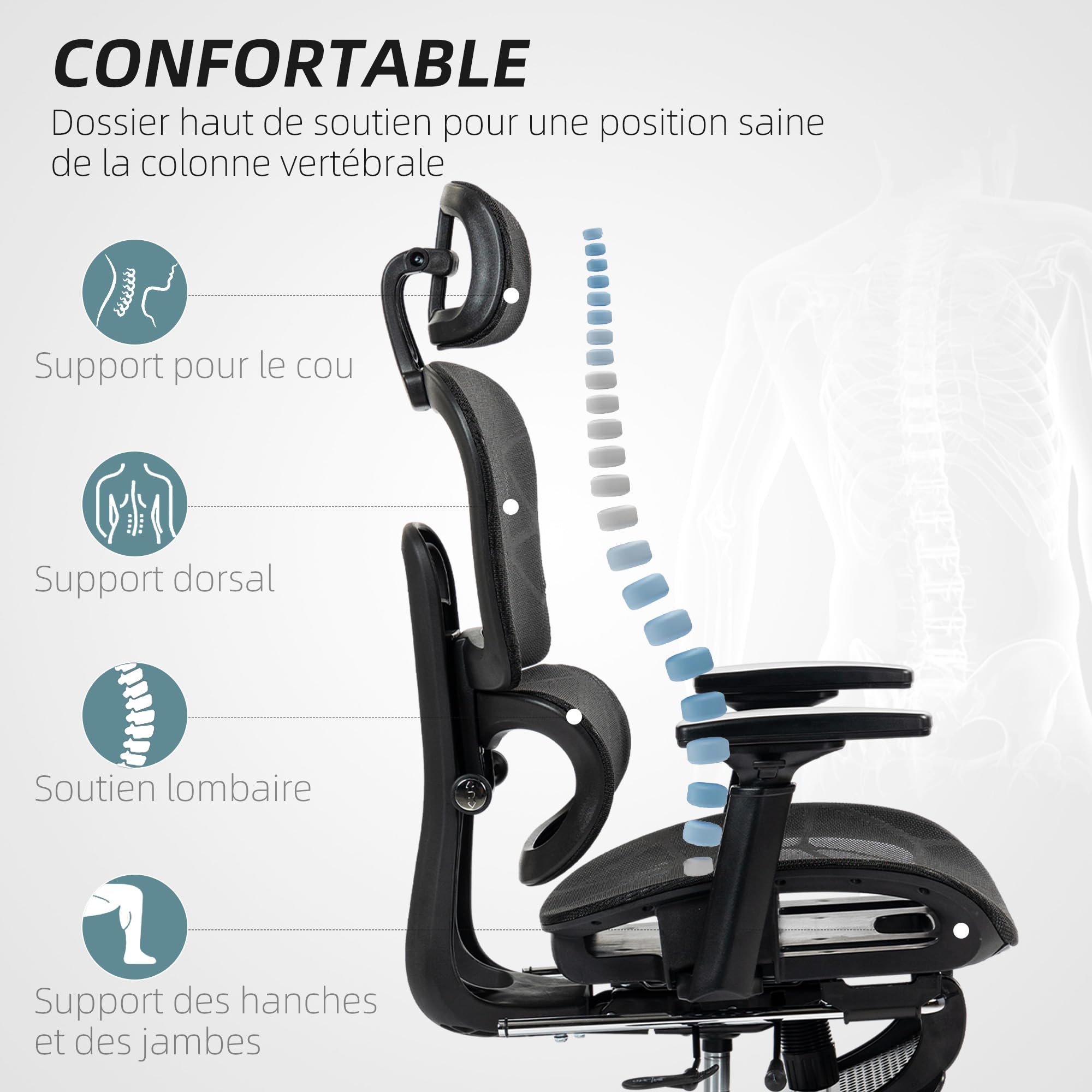 Chaise De Bureau Ergonomique HOMCOM - Dossier Inclinable 135°, Appui-tête Réglable, Accoudoirs 3D, Repose-pieds, Pivot 360°, Noir