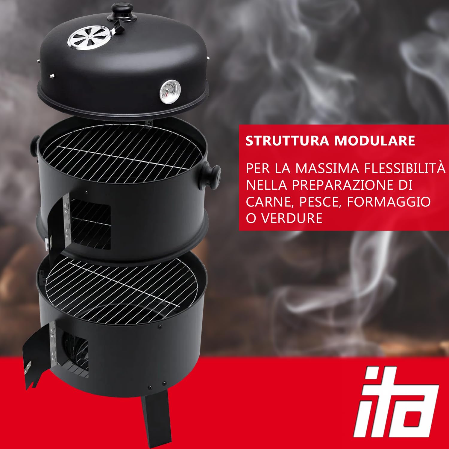 ITA Griglia Multifunzione 3 in 1 - Grigliare, Affumicare, Cuocere - Barbecue a Carbone modulare con termometro e Regolazione del Flusso d'Aria sul Coperchio - Griglia a Botte affumicatore