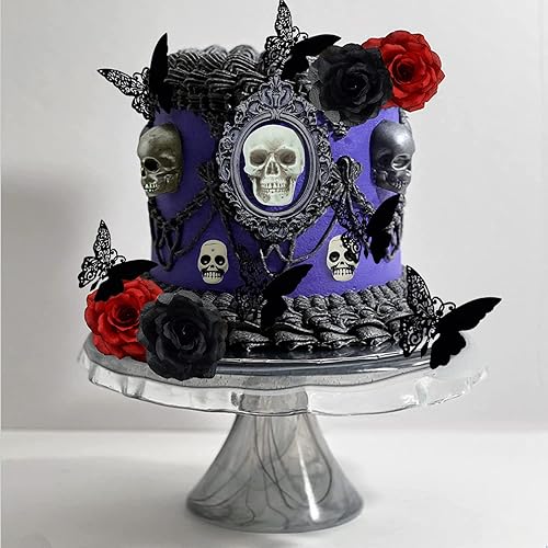 Miniatura 3 de Decoración gótica para tarta de calavera y rosa gótica, decoración de pastel de mariposa negra, decoración gótica de fiesta de boda, decoración de