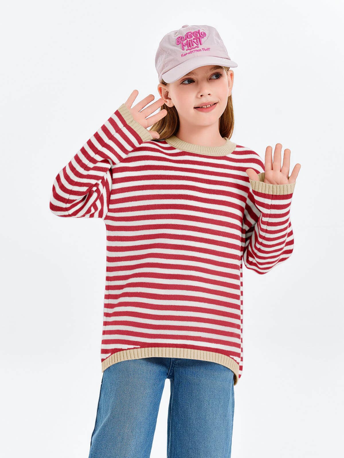 Haloumoning Jersey para niña a rayas, cuello redondo, jersey de punto ligero para niños, monocolor, manga larga, jersey de invierno, camiseta de invierno