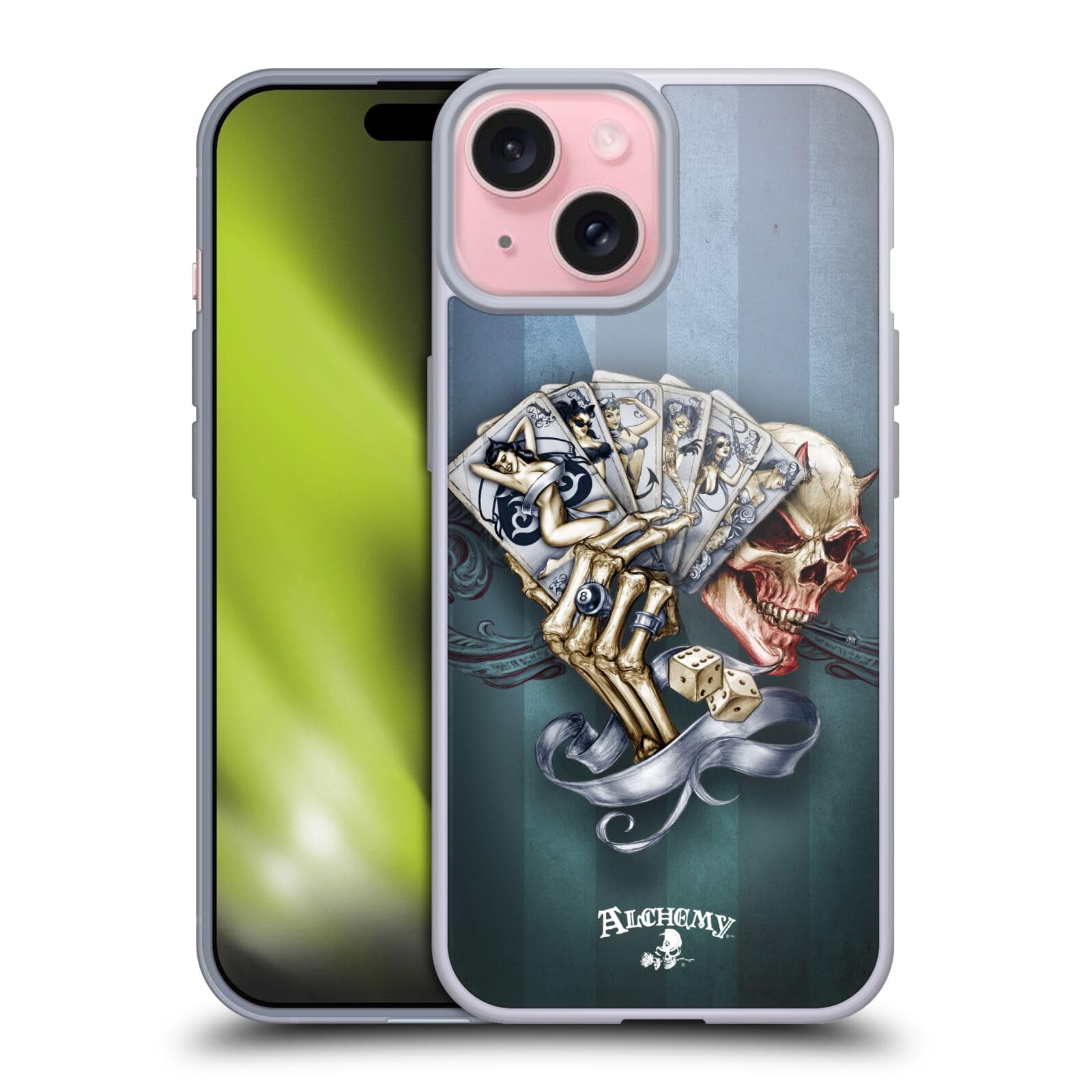 Head Case DesignsOfficially Licensed Alchemy Gothic Read 'Em and Weep Skull and Cards Soft Gel Case Compatible with Apple iPhone 15 and Compatible with MagSafe Accessories